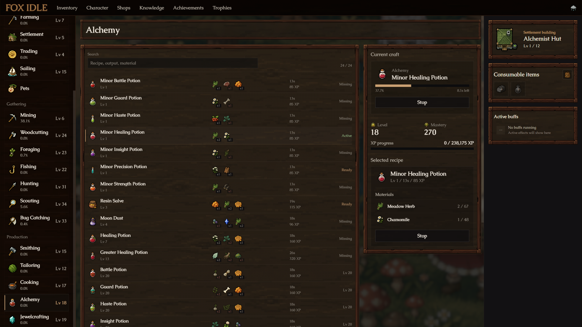 Fox Idle alchemy gameplay screen